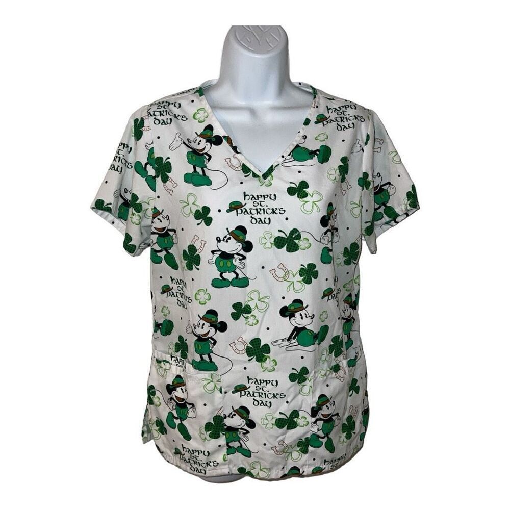 St Patricks Day Disney Scrub Top Womens Small Mickey Mouse V Neck Green